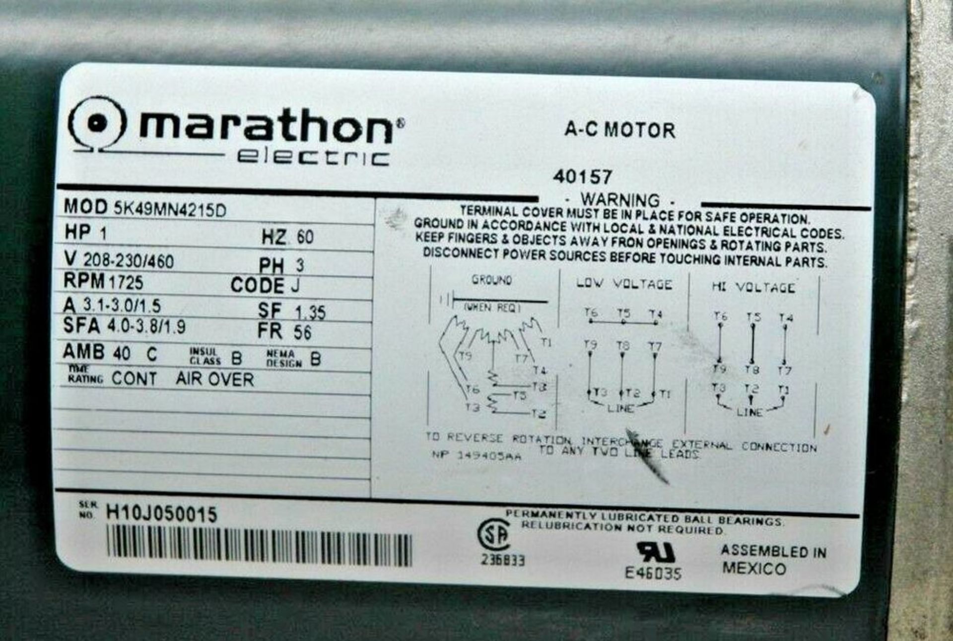 Marathon Electric AC Motor 5K49MN4215D 1HP 208-230/460 3ph 1725rpm 5/8 shaft NEW - Image 3 of 4