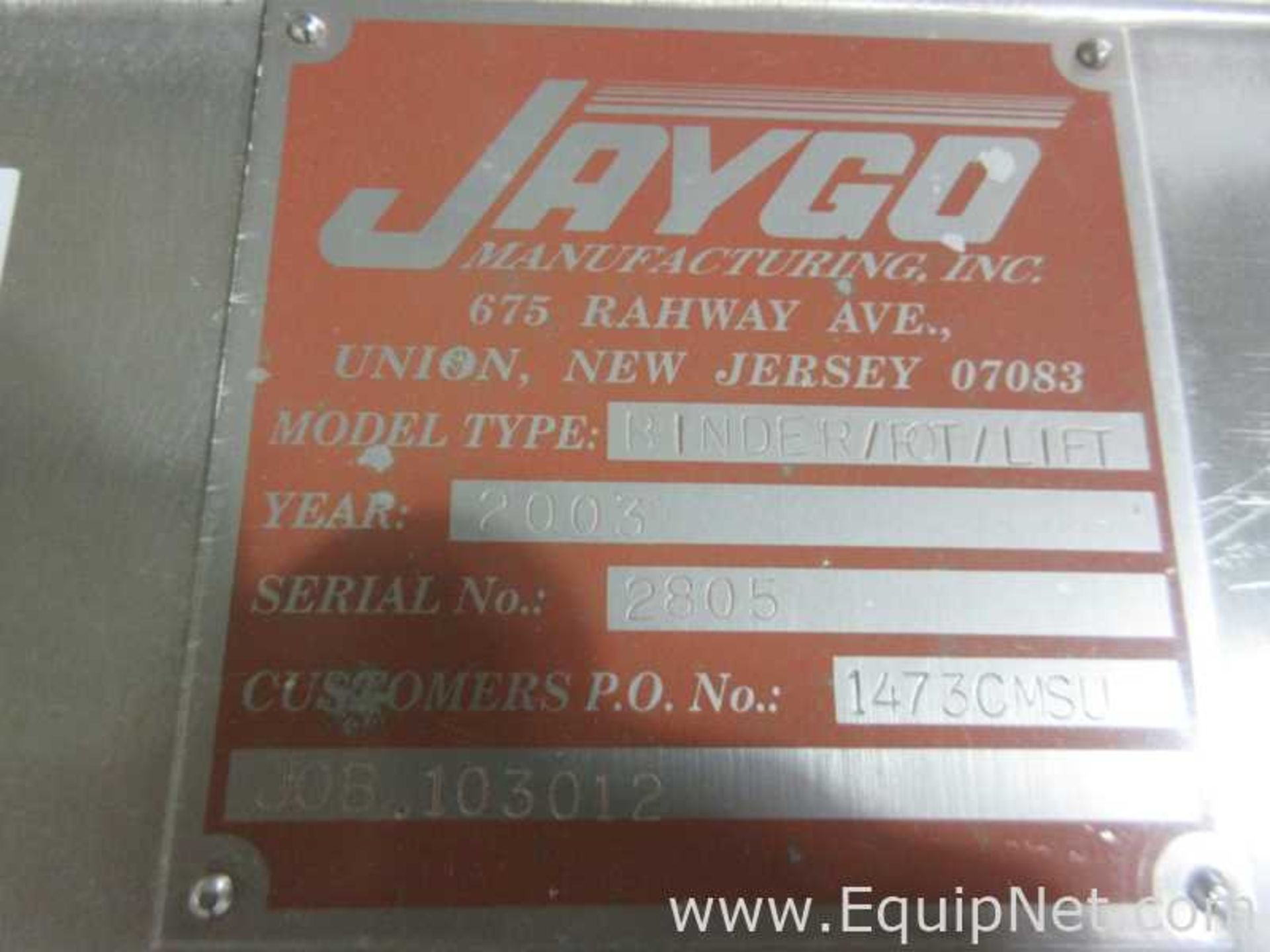 DESCRIPTION: Jaygo Manufacturing Inc Binder/Pot/Lift Binder spraying systemManing & Lewis Vessel, - Image 6 of 21