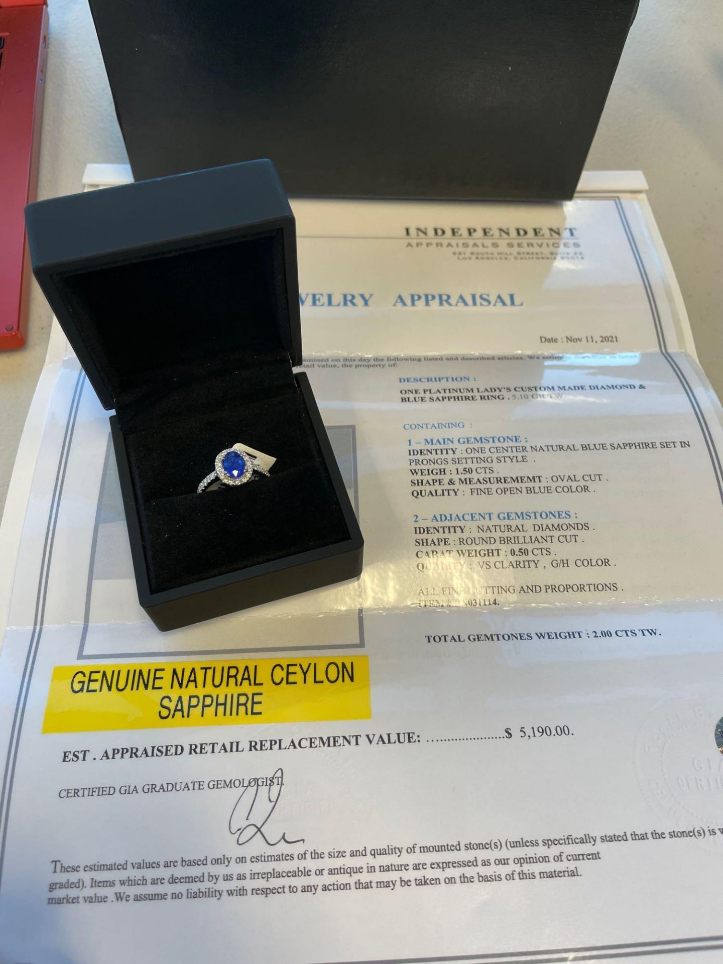 Platinum Lady's Custom Made Diamond & Blue Sapphire Ring 5.10 gr TW - Image 4 of 6