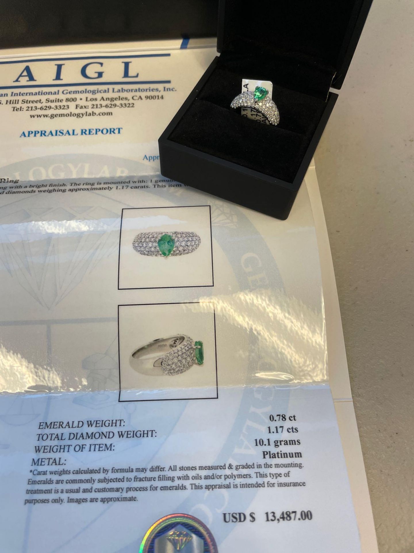 Platinum Emerald & Diamond Ring .78 emerald/1.17 ctw Diamond size 4.5? - Image 5 of 5