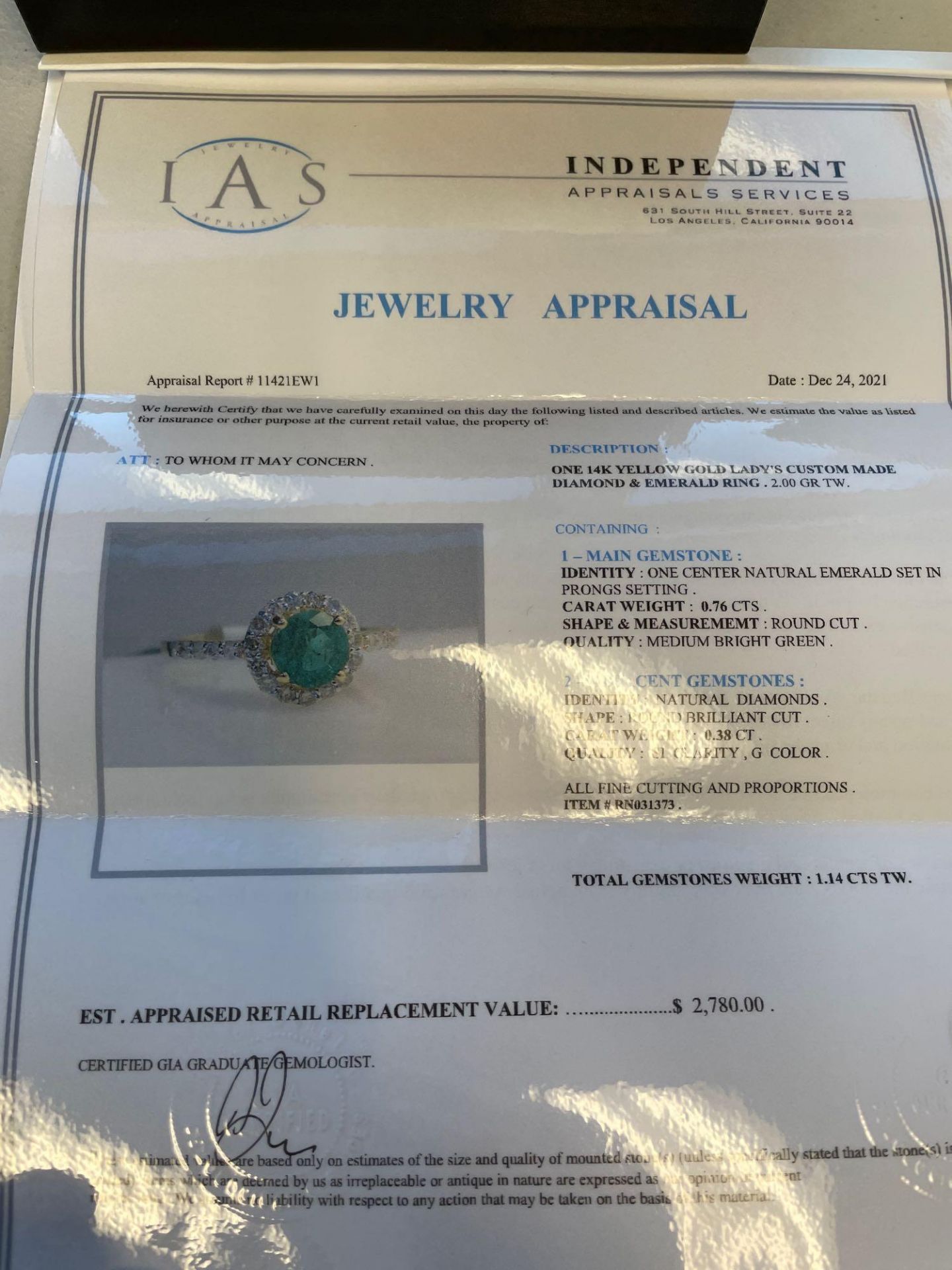 14k Yellow Gold Lady's Custom Made Diamond & Emerald Ring 2.0 gr TW - Image 3 of 5