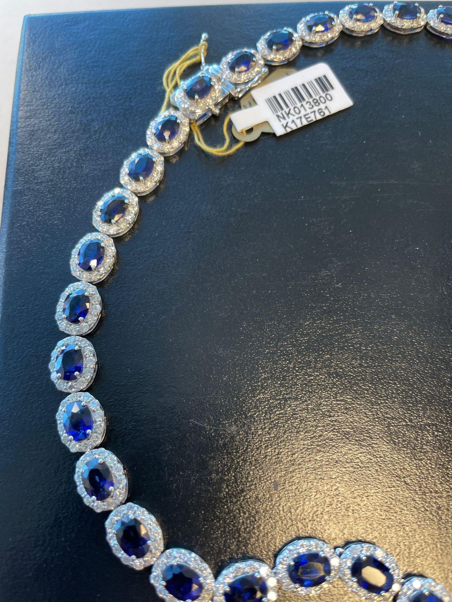 14kt White Gold ladies cast & assembled Blue Sapphire Diamond Necklace - Image 3 of 5