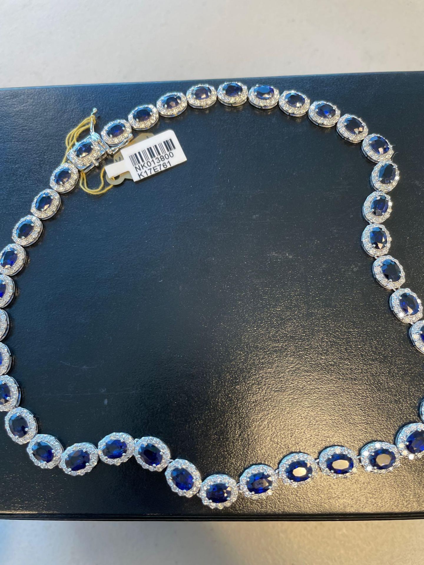 14kt White Gold ladies cast & assembled Blue Sapphire Diamond Necklace