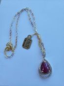 Silver Ruby & White Sapphire Pendant w/ Yellow Gold overlay Necklace 11 cts Ruby/ 1 ct Round sapphir