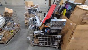 (1) Wire bin- Multiple step stools, Werner step, crawler, car parts, rim and more