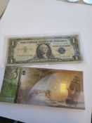 1957 1 dollar silver certificate (dollar bill) and .10 gram gold certificate