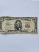 1953 5 dollar bill with rare red seal