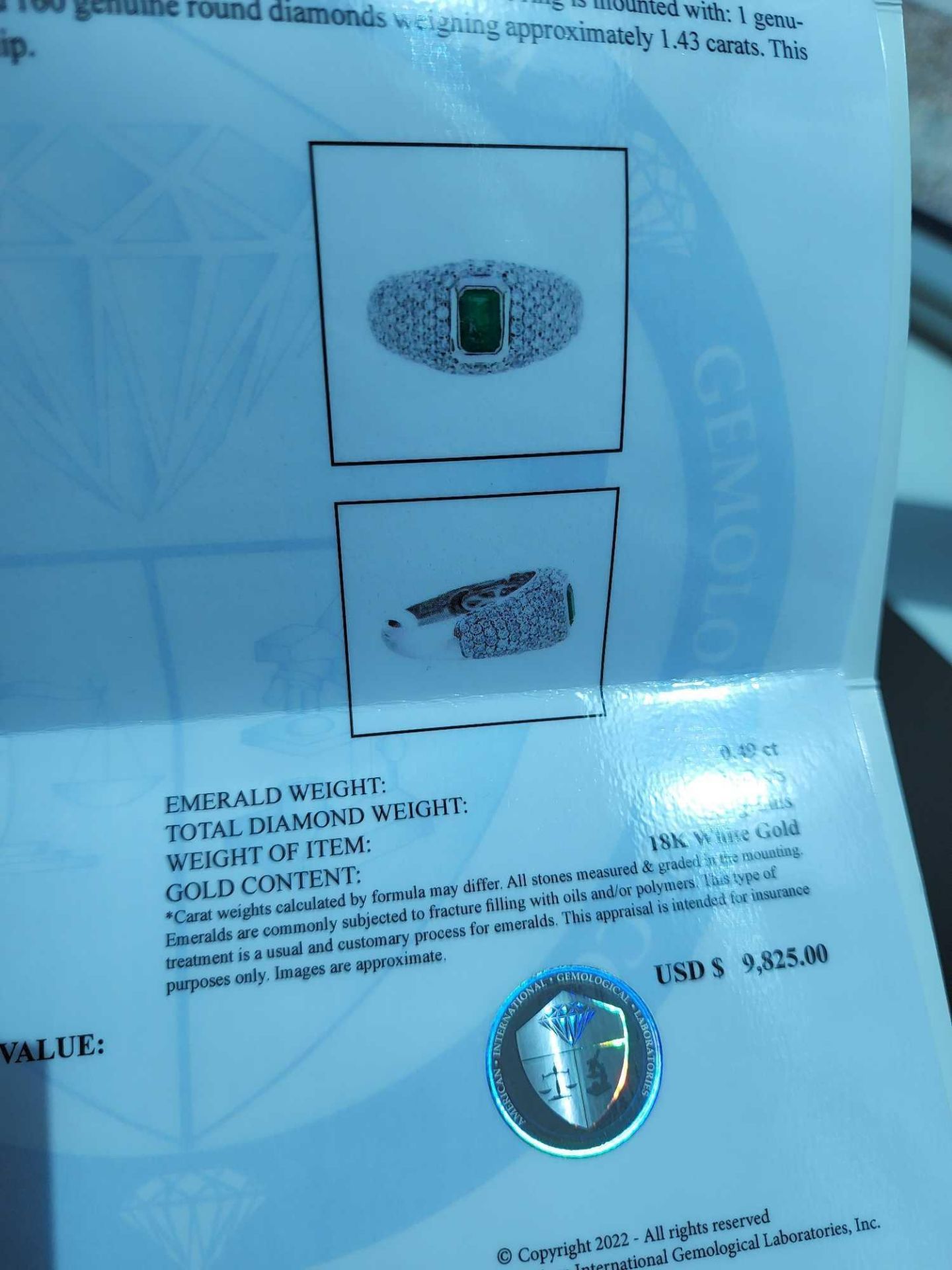 18Kt Emerald & Dimaond .49 ct Emerald/ 1.43 cts Diamond - Image 8 of 8