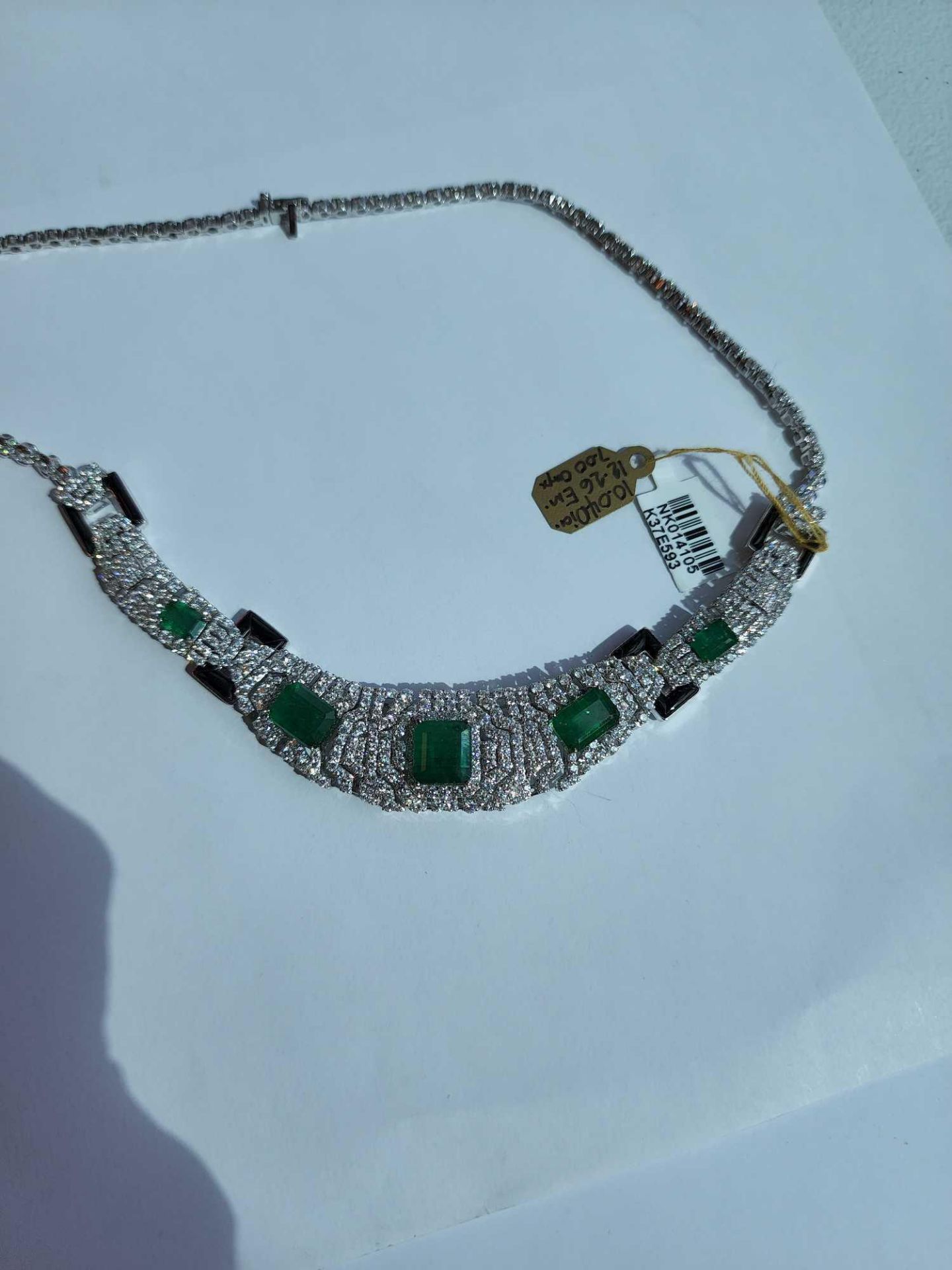 18K White Gold Emerald & Diamond Necklace Weight: 43.88 grams Emeralds 12.26 cts/ Diamonds 10.04 cts