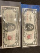 Two red seal $5 dollar bills 1963