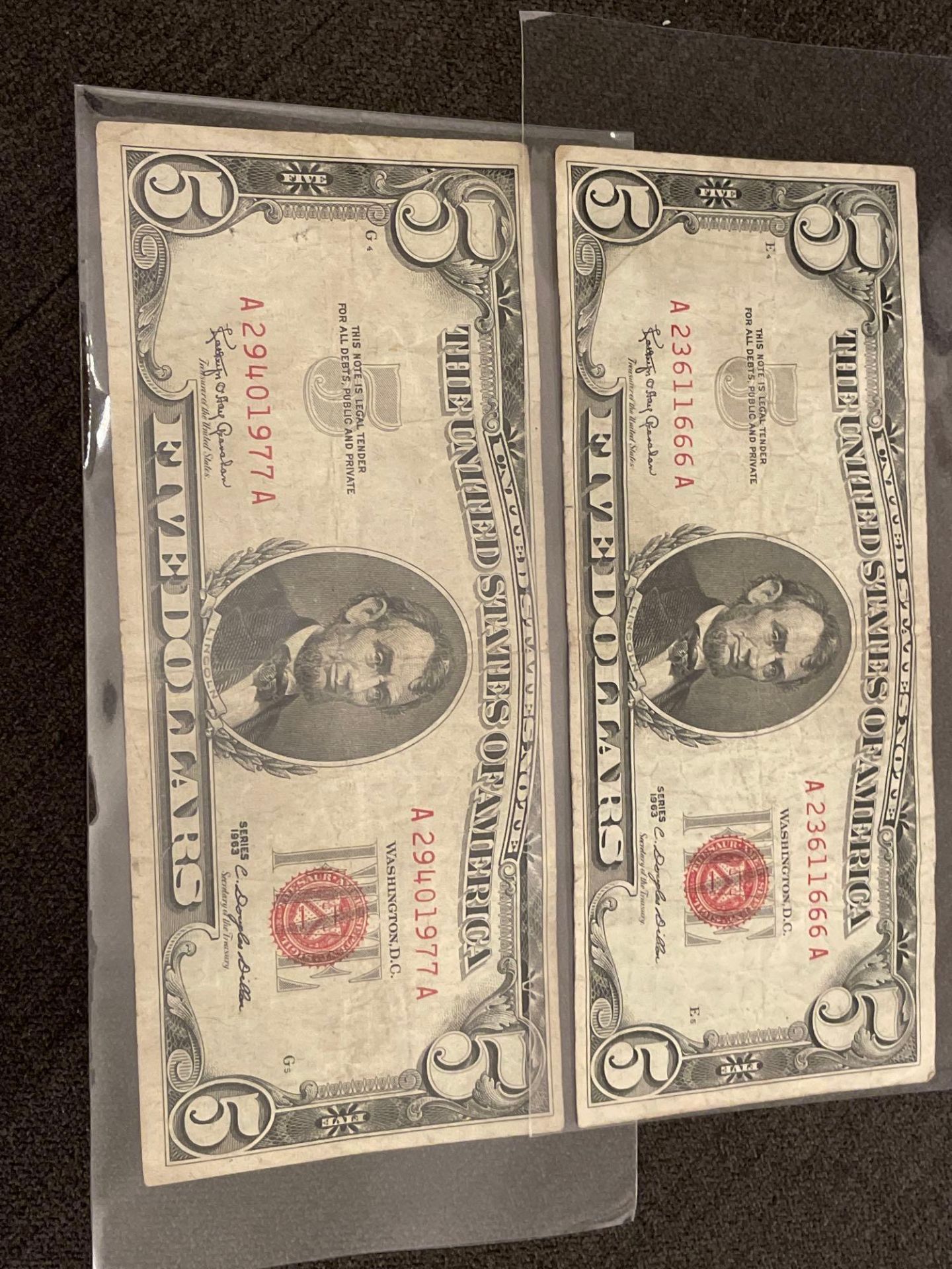 Two red seal $5 dollar bills 1963