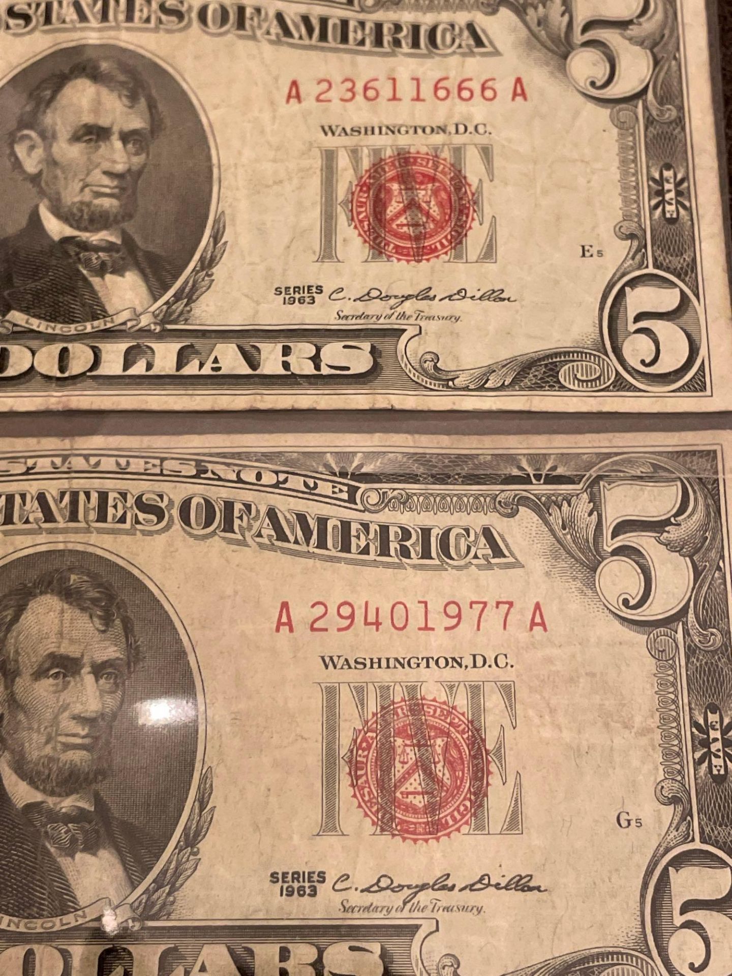 Two red seal $5 dollar bills 1963 - Image 2 of 3