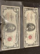 Two red seal $5 dollar bills 1963