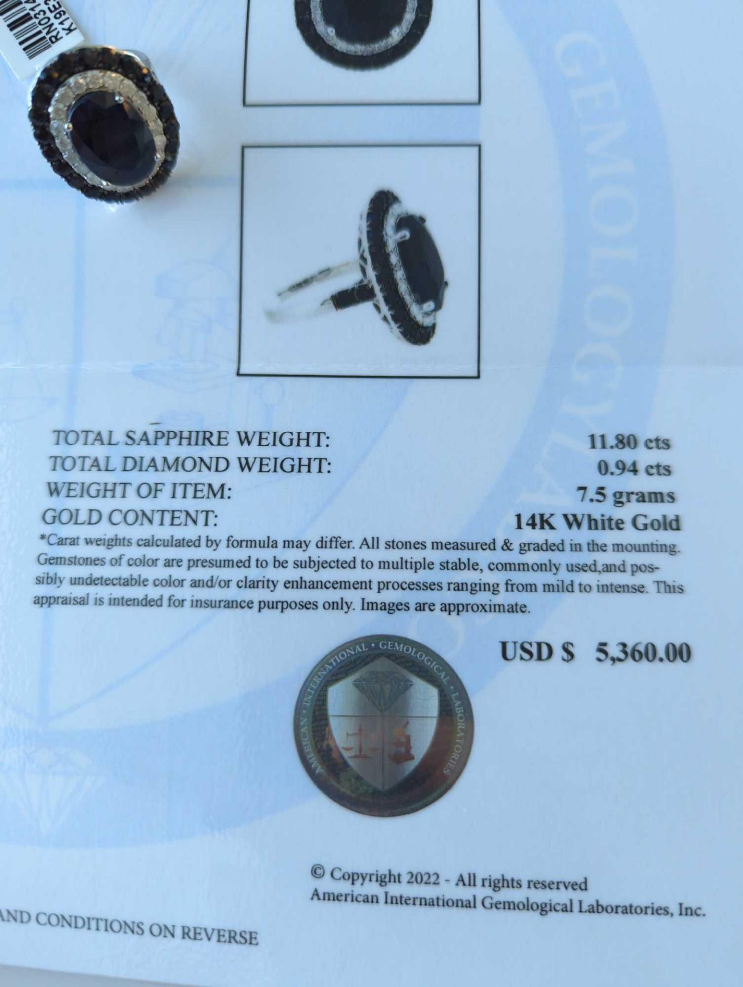 Sapphire and Diamond Ring, 11.80 cts sapphire, .94 cts diamond - Image 3 of 6
