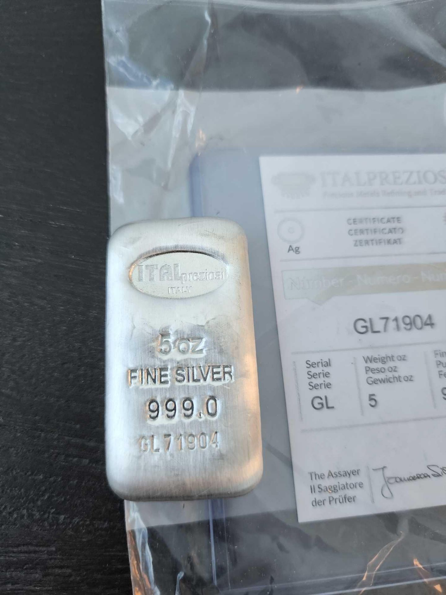 5 oz Italpreziosi Italian Silver Cast Bar .999 Fine (w/Assay)