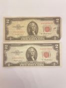 Two $2 Red seal Bills (1953)