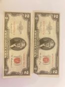 Two $2 Red seal Bills (1953)