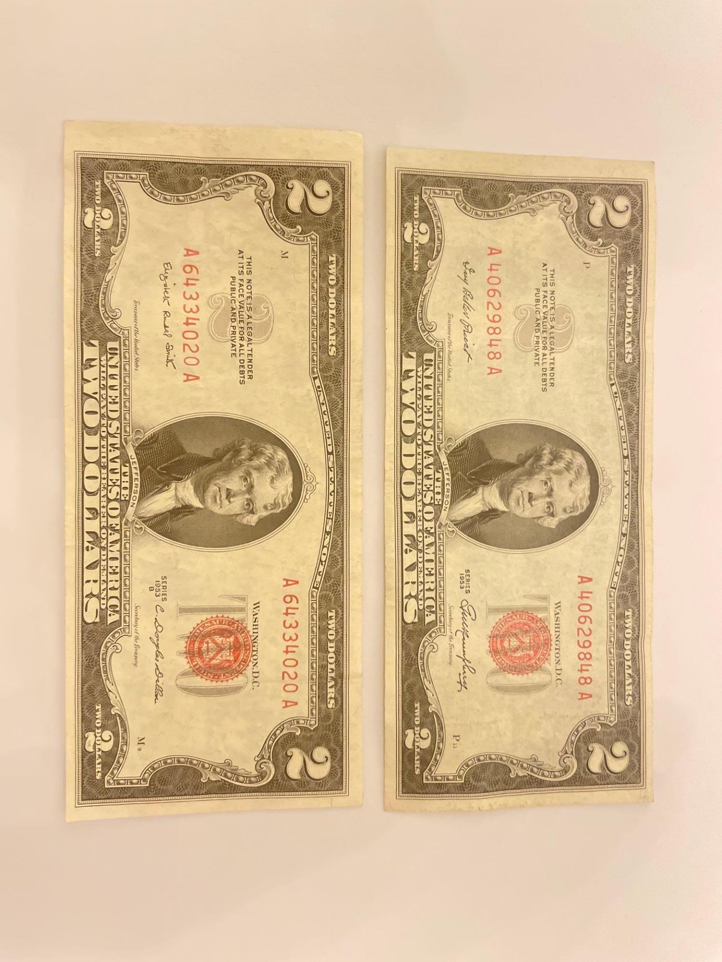 Two $2 Red seal Bills (1953)
