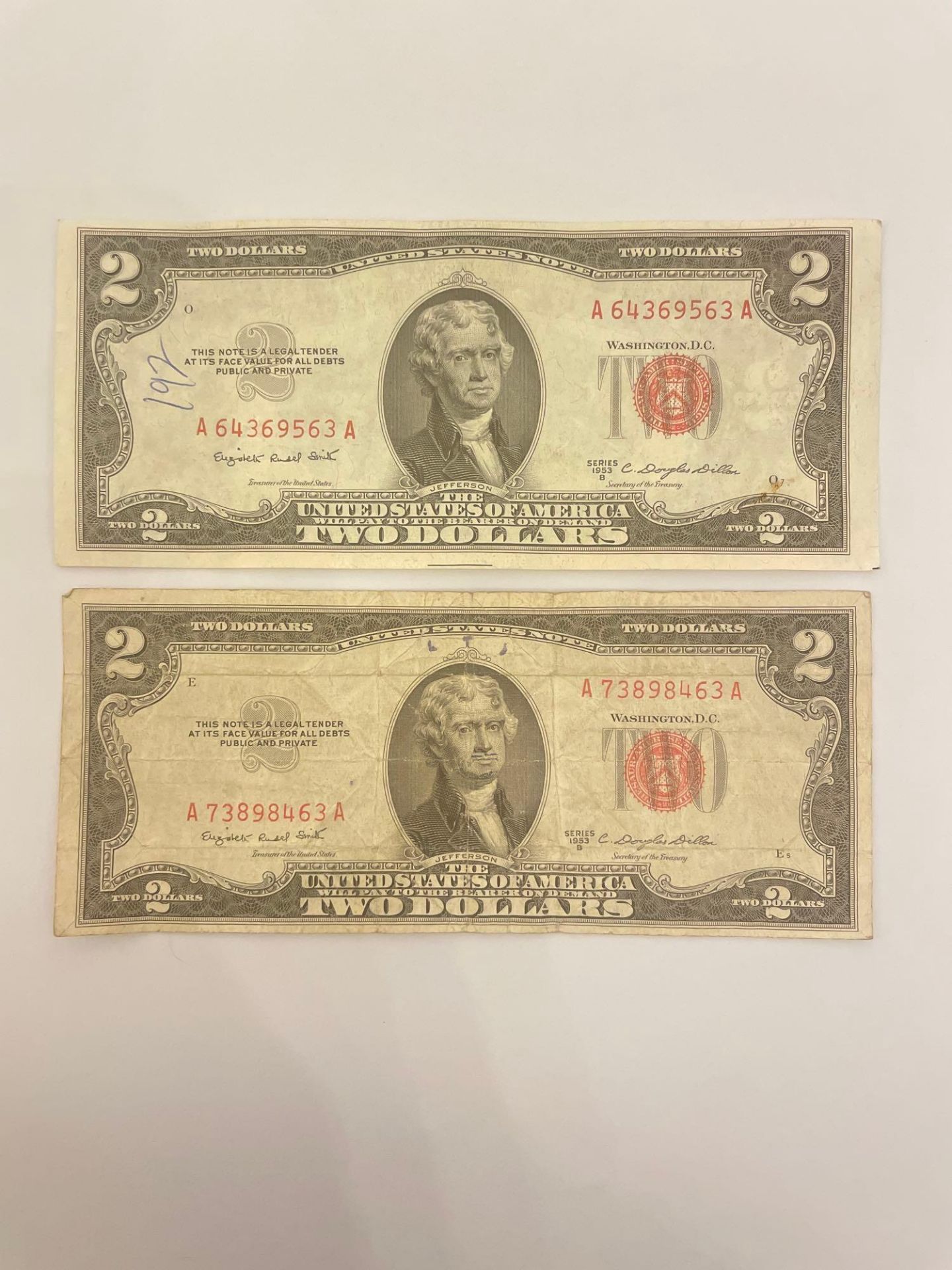 Two $2 Red seal Bills (1953)