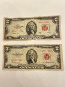 Two Red Seal $2 Dollar Bill 1953