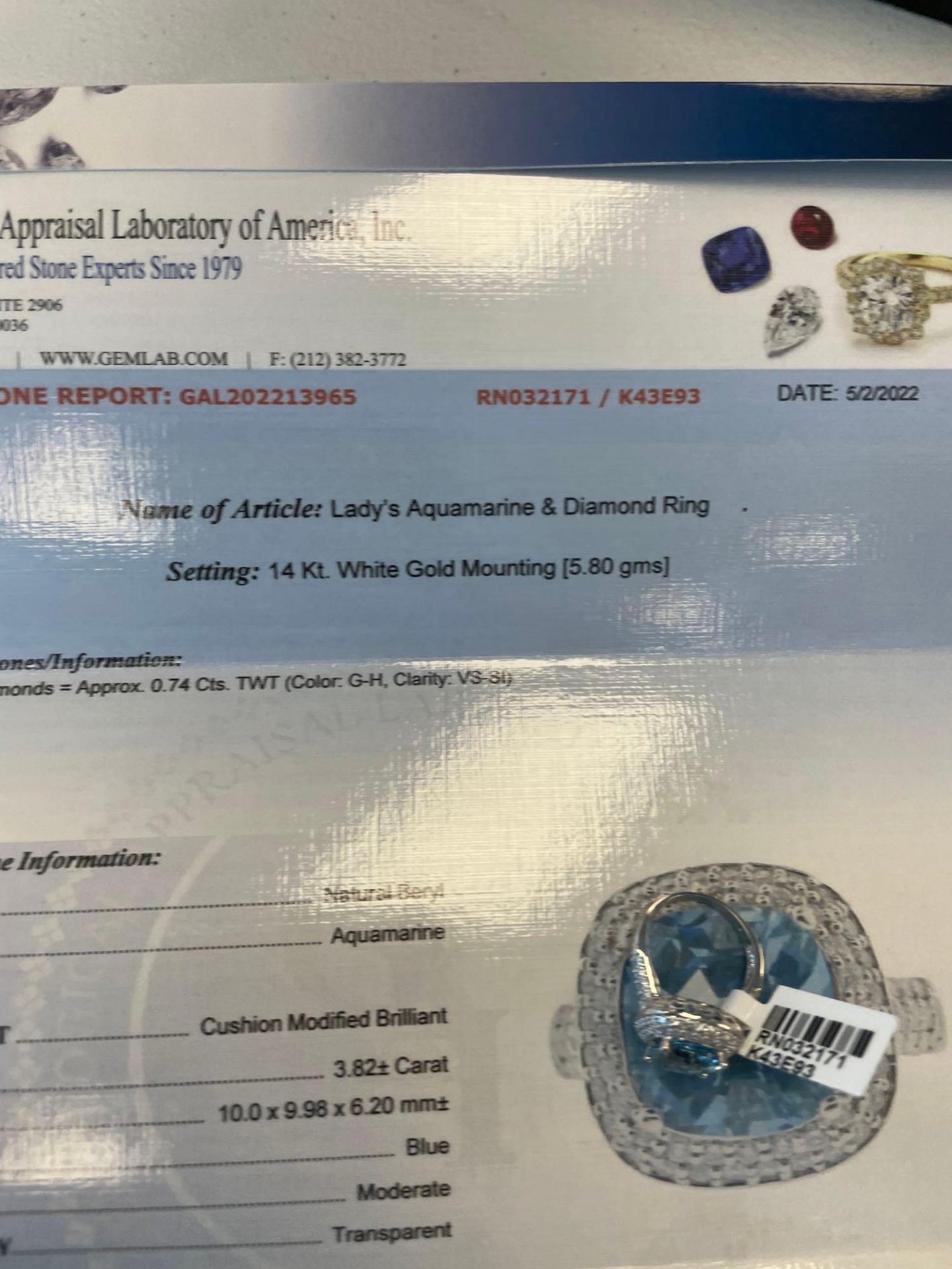 Lady's Aquamarine & Diamond Ring 14kt White Gold Mounting - Image 7 of 7