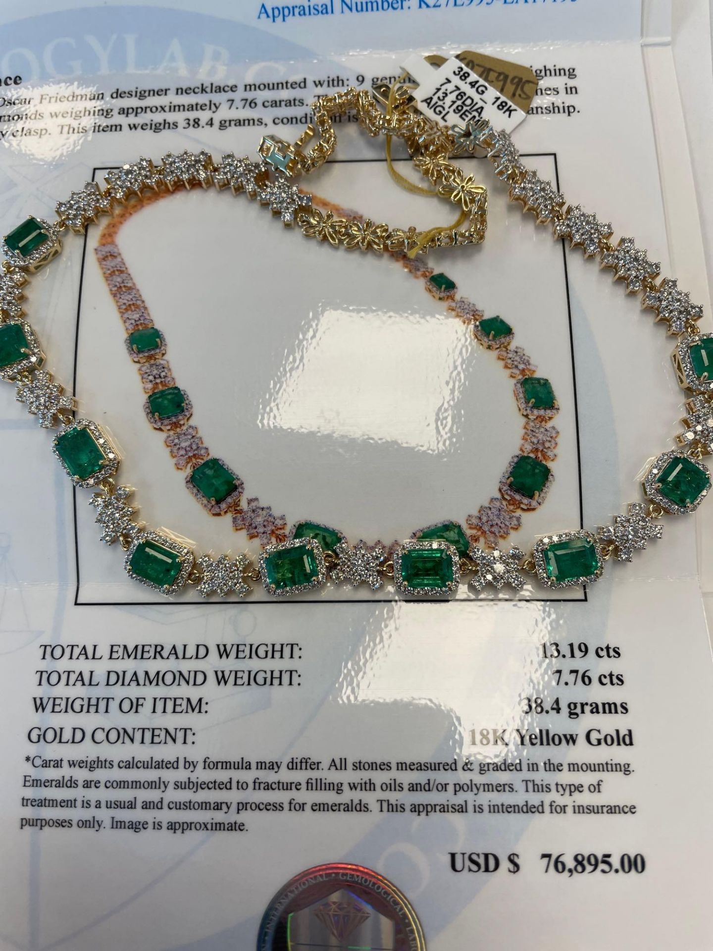 18K Gold Emerald & Diamond Necklace Oscar Friedman designer Necklace, 9 Emeralds 13.19 cts/ 406 roun