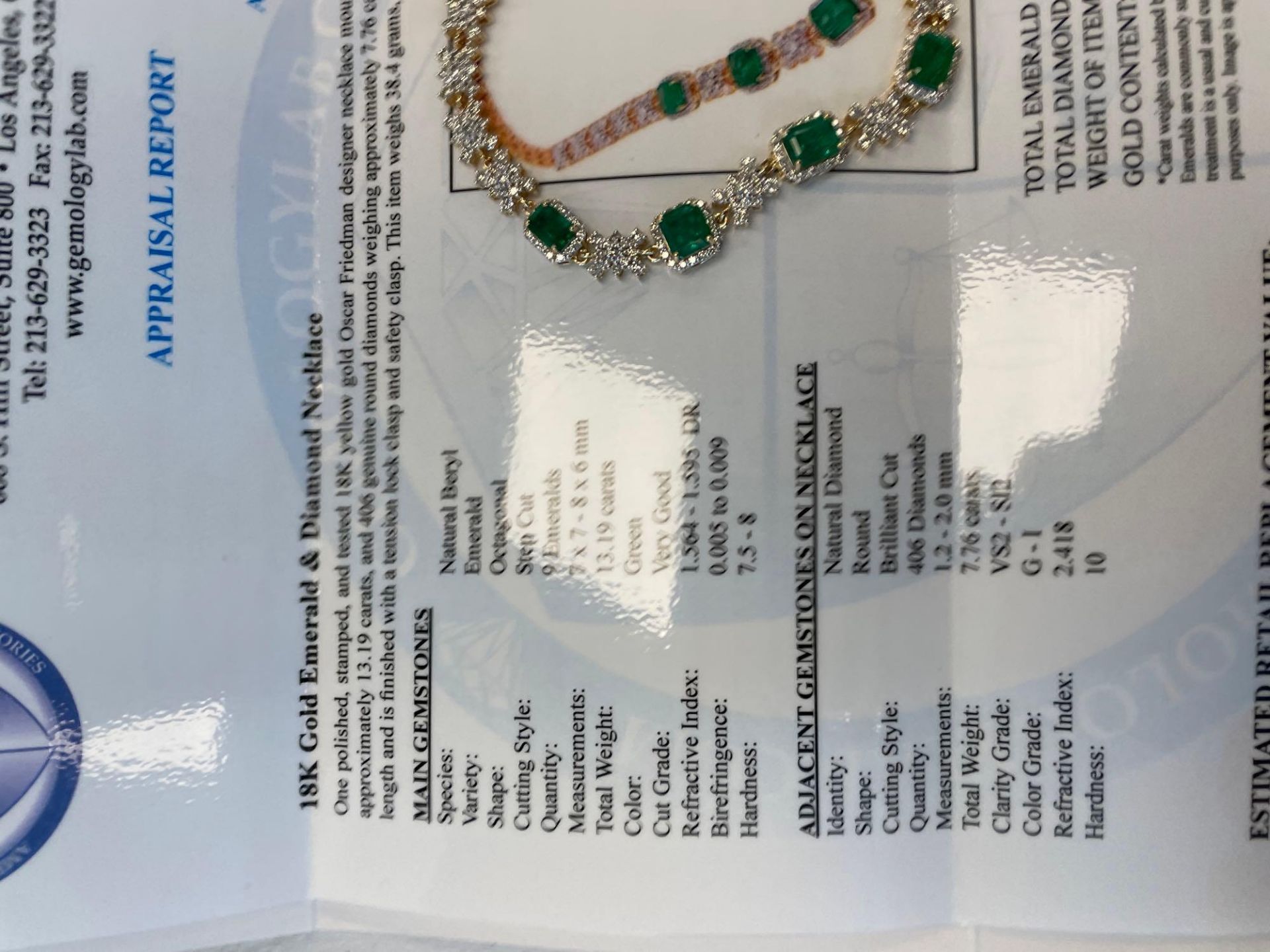 18K Gold Emerald & Diamond Necklace Oscar Friedman designer Necklace, 9 Emeralds 13.19 cts/ 406 roun - Image 3 of 8