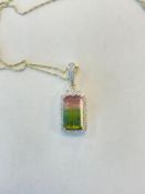 Lady's Watermelon Tourmaline & Diamond Pendant 14kt Yellow Gold Mounting & Chain