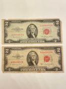 Two Red Seal $2 Dollar Bill 1953