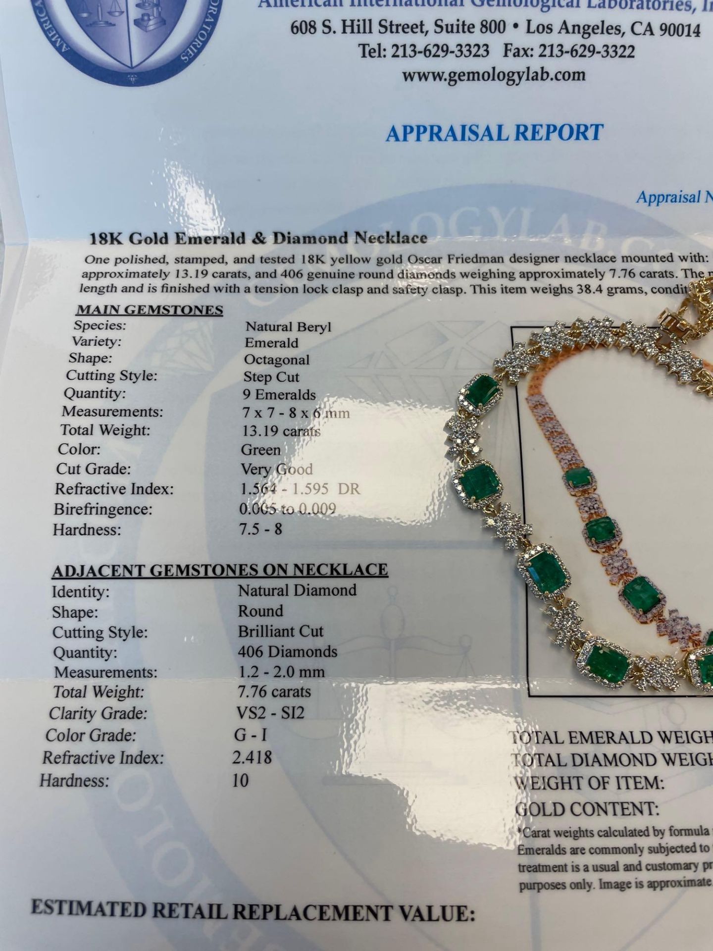 18K Gold Emerald & Diamond Necklace Oscar Friedman designer Necklace, 9 Emeralds 13.19 cts/ 406 roun - Image 2 of 8