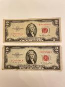 Two Red Seal $2 Dollar Bill 1953