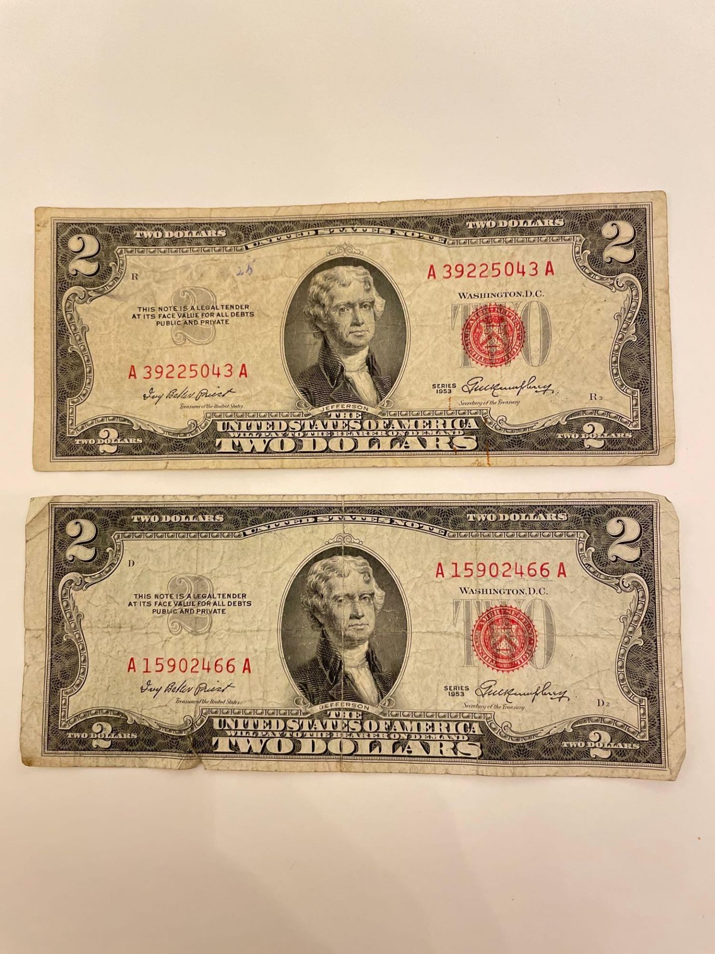 Two Red Seal $2 Dollar Bill 1953