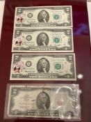 3 1976 1st day issue $2 Federal Reserve Notes w/ stamps and 1 Red Seal $2 bill 1963