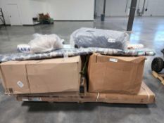 pallet of rugs, furniture, pans, loungers, writing desk and more