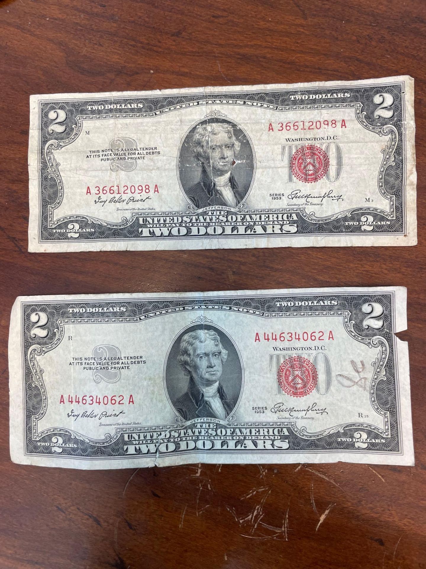 2 1953 Red Seal 2 Dollar Bills