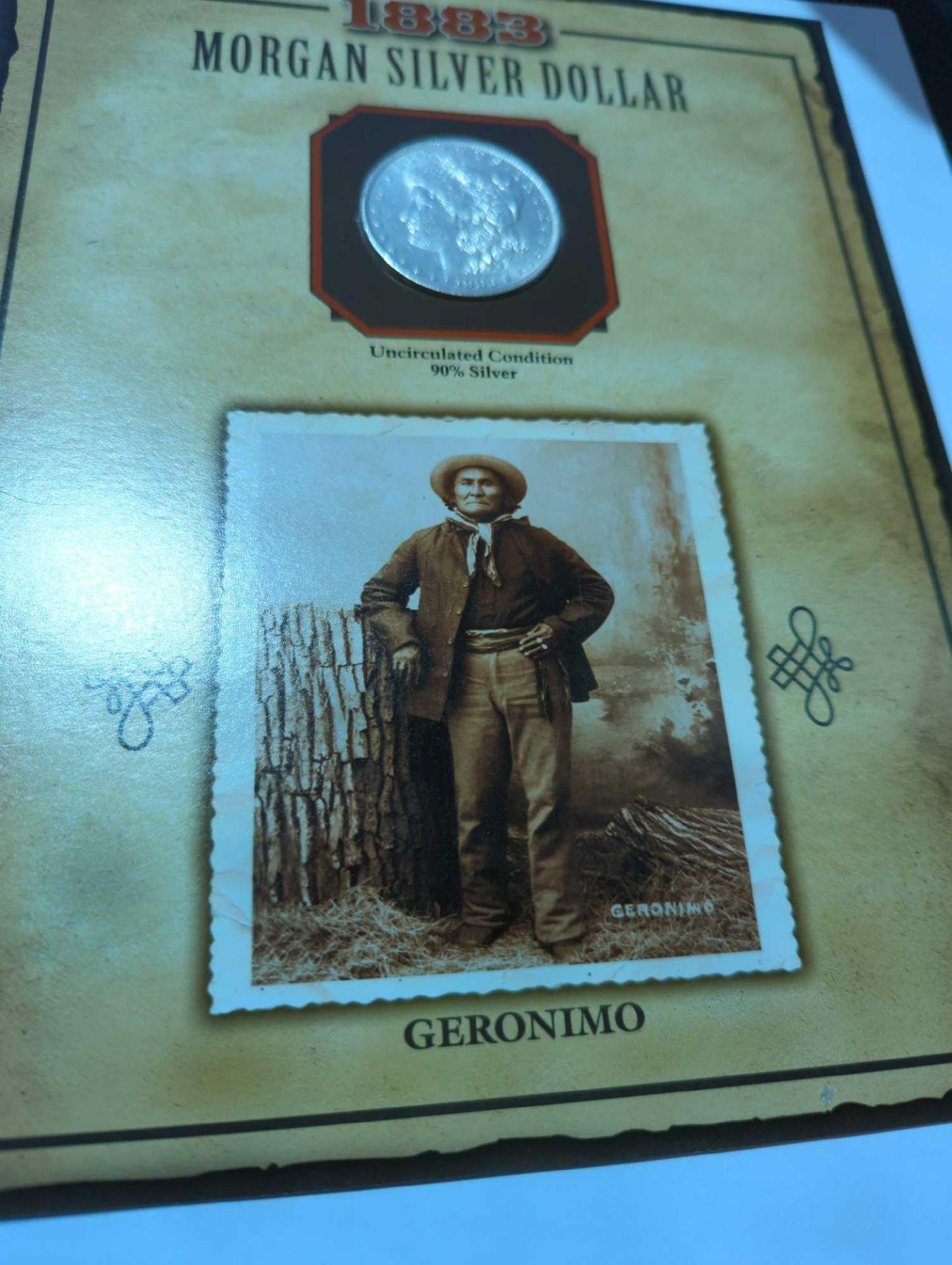 1883 Uncirculated Condition Morgan Dollar with Commemorative Geronimo stamp and facts - Image 3 of 7
