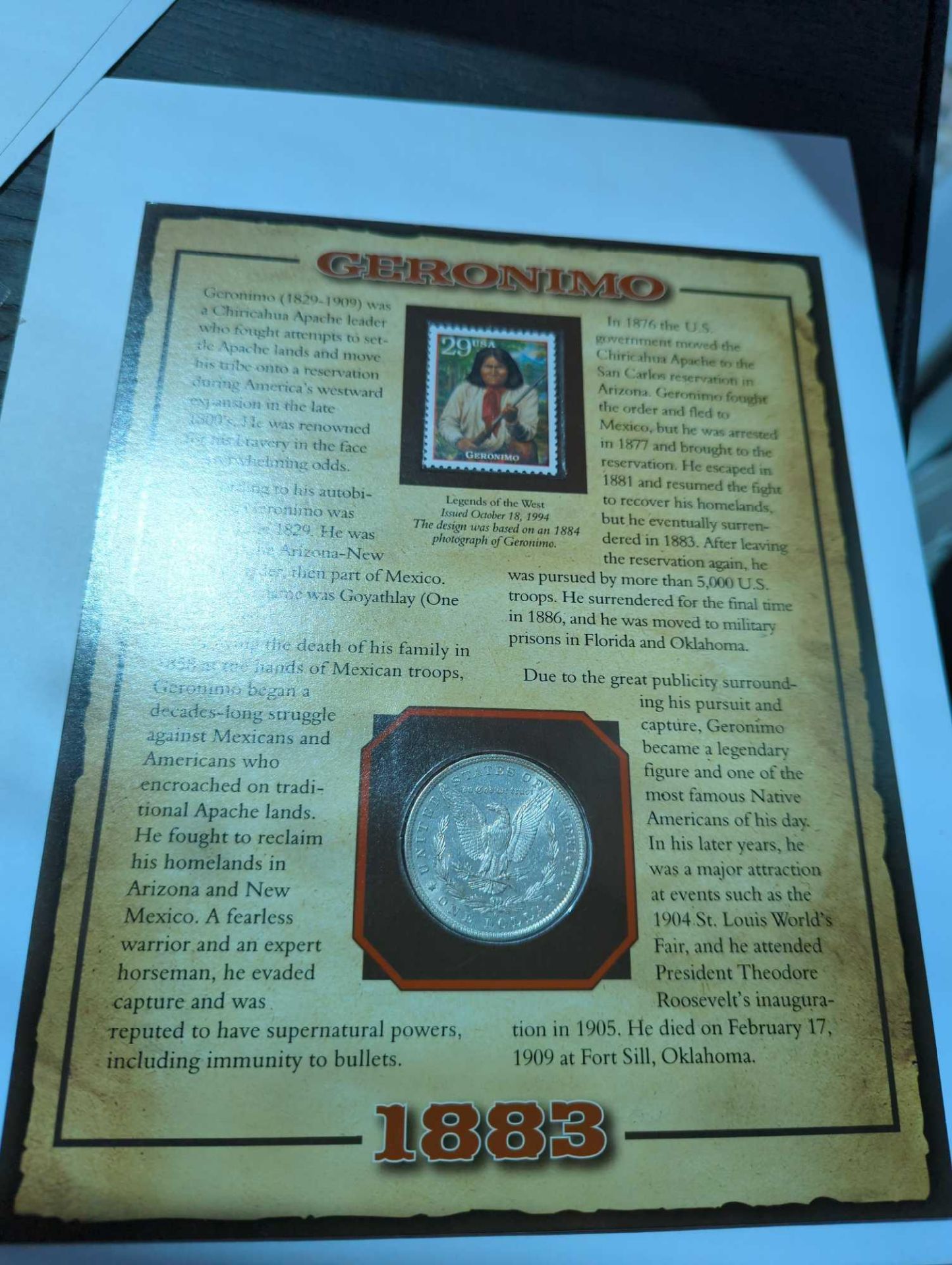 1883 Uncirculated Condition Morgan Dollar with Commemorative Geronimo stamp and facts - Image 6 of 7