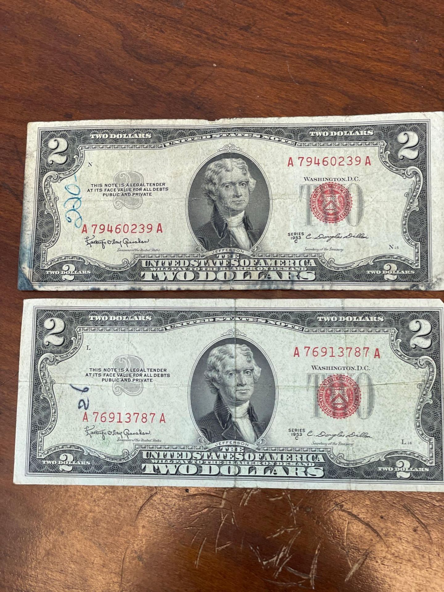 2 1953C Red Seal 2 Dollar Bills