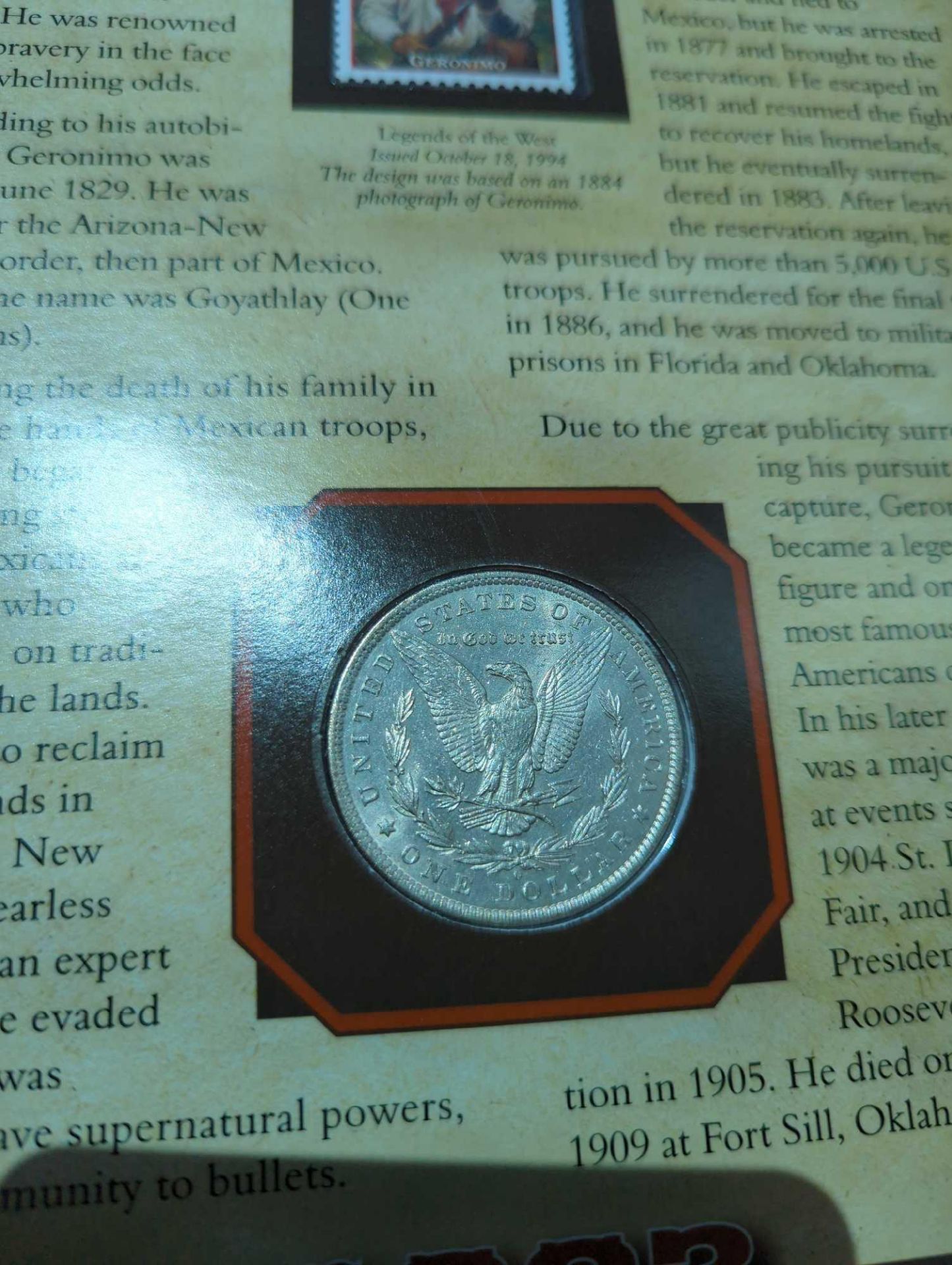 1883 Uncirculated Condition Morgan Dollar with Commemorative Geronimo stamp and facts - Image 5 of 7