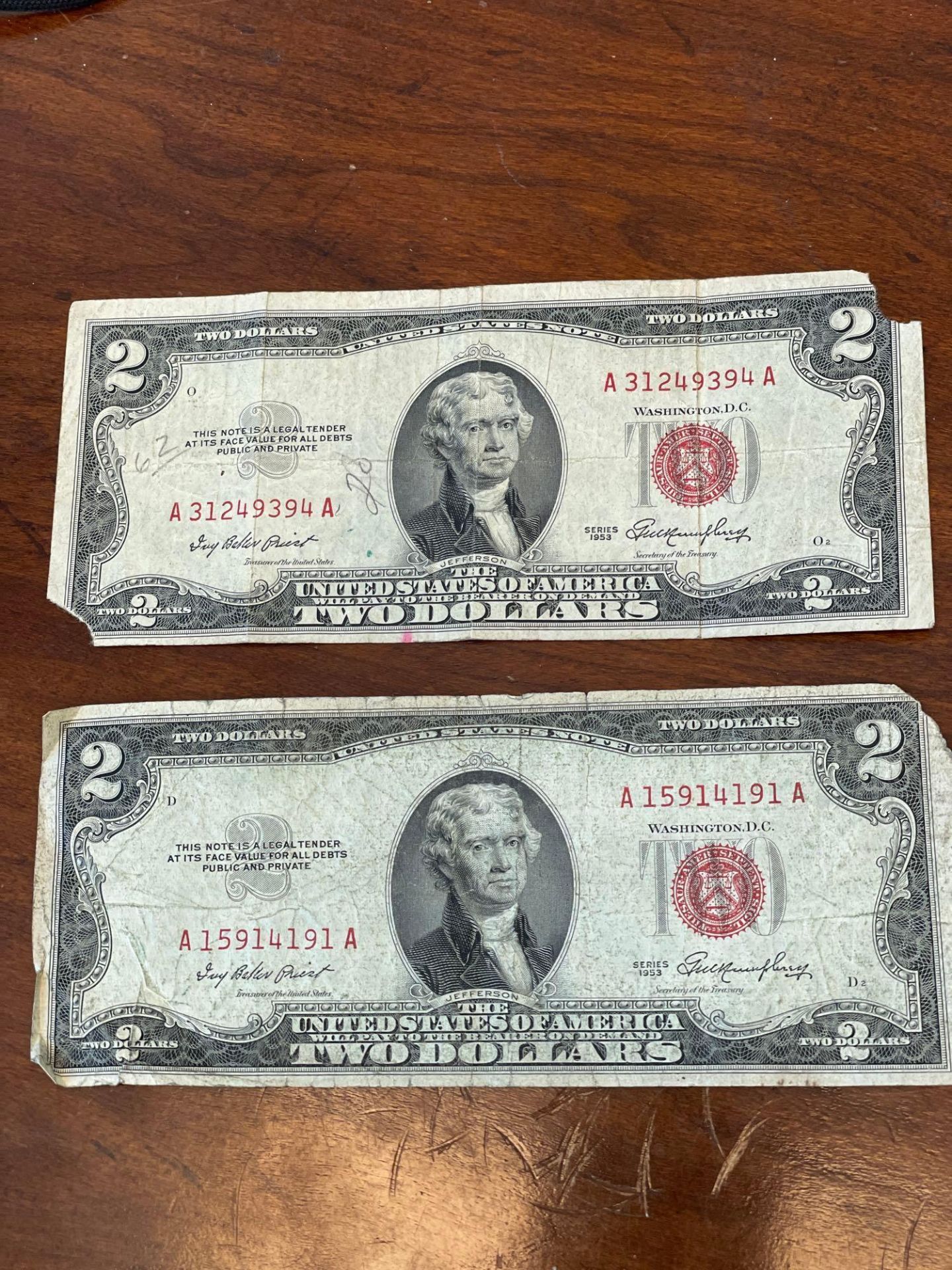 2 1953 Red Seal 2 Dollar Bills - Image 2 of 3