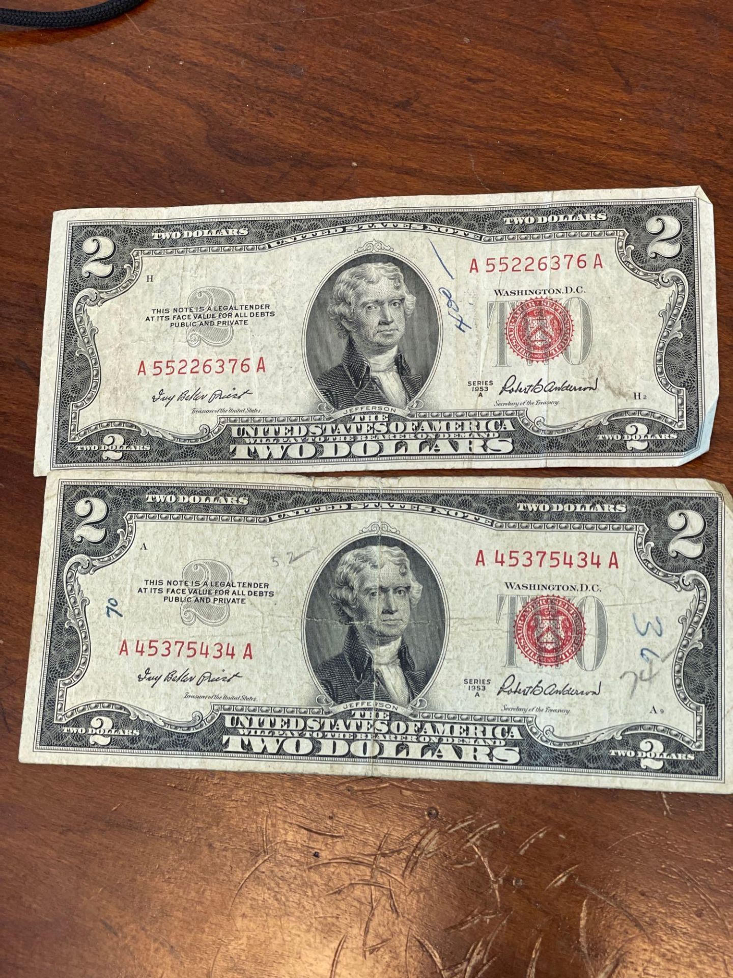2 1953A Red Seal 2 Dollar Bills