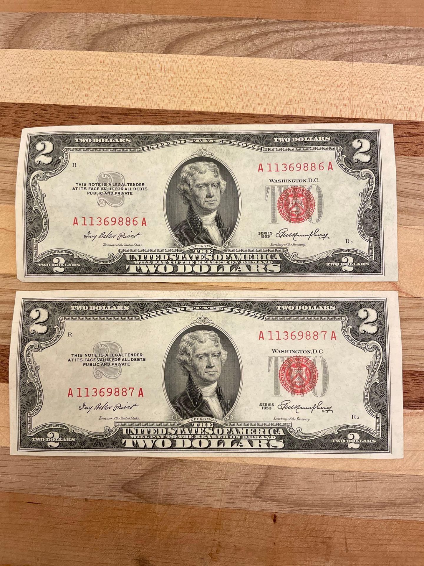 (2) 1953 VF $2 Red seal notes