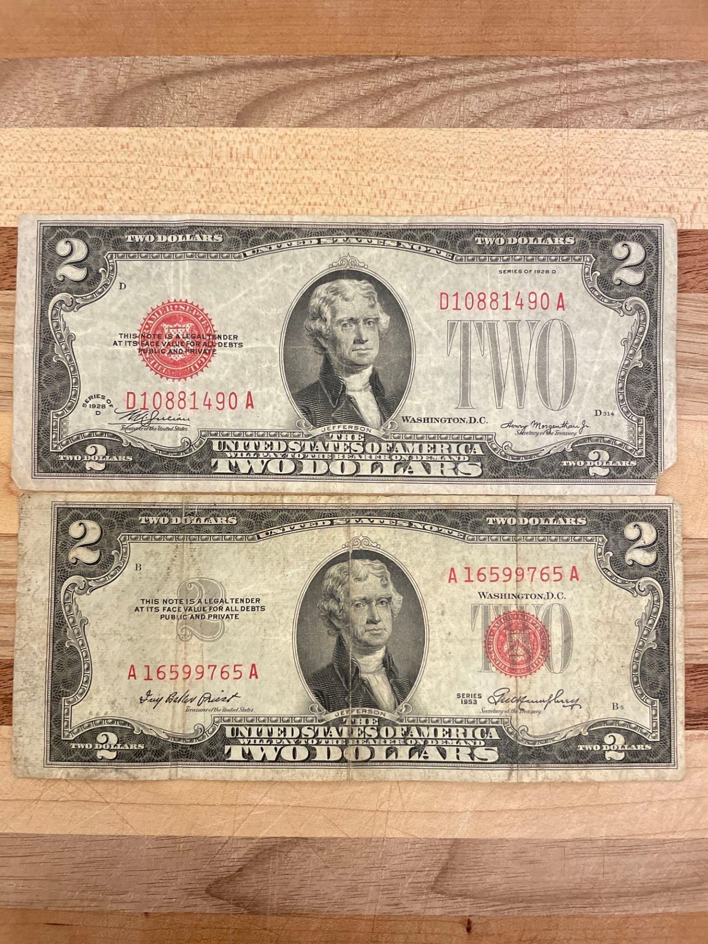 1928D $2 Red seal note & 1953 $2 Red seal note