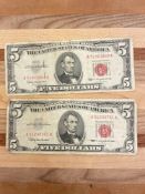 (2) 1963 $5 Red Seal Notes