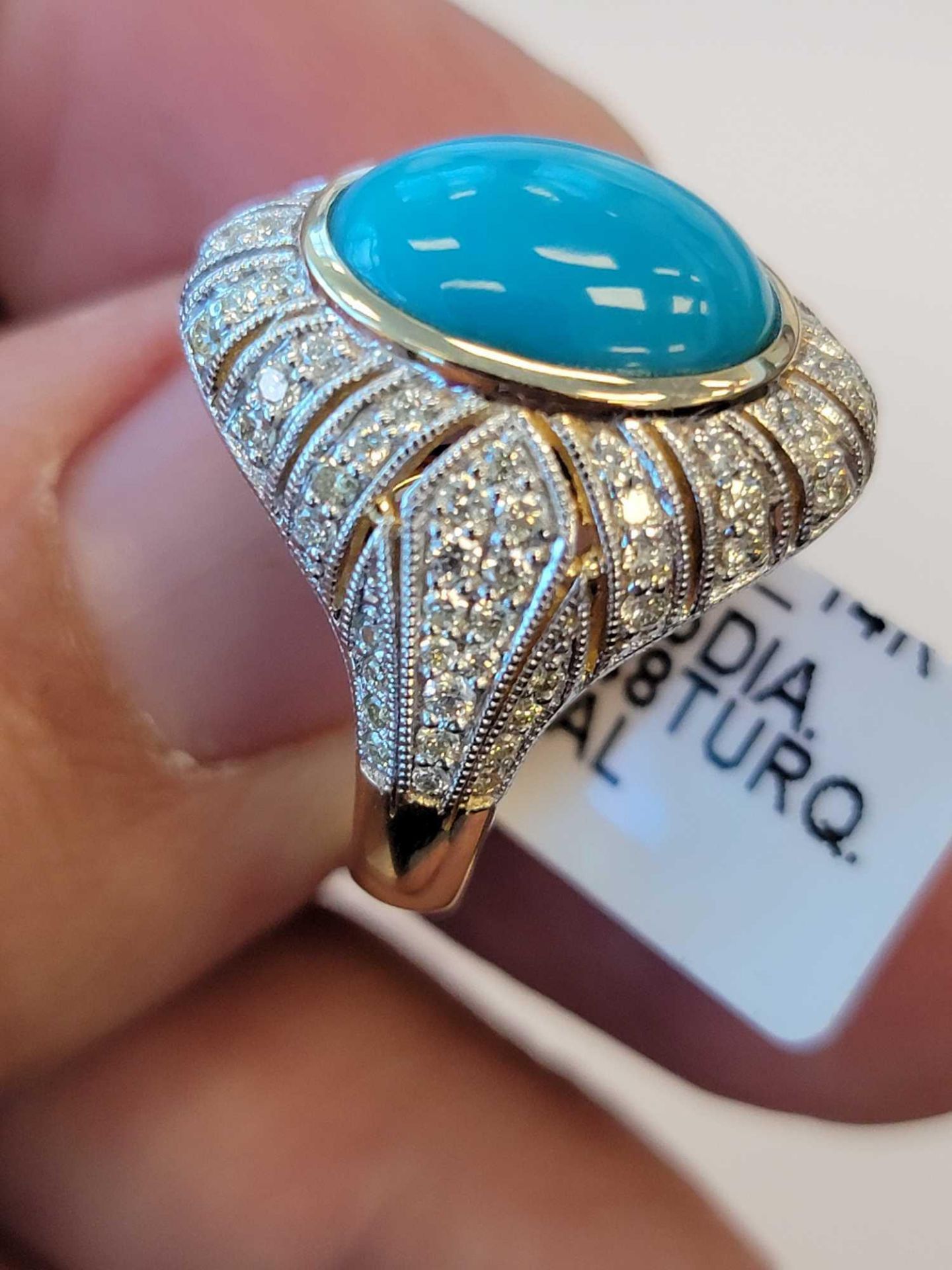 14KT Yellow gold diamond and turquoise ring - Image 4 of 7