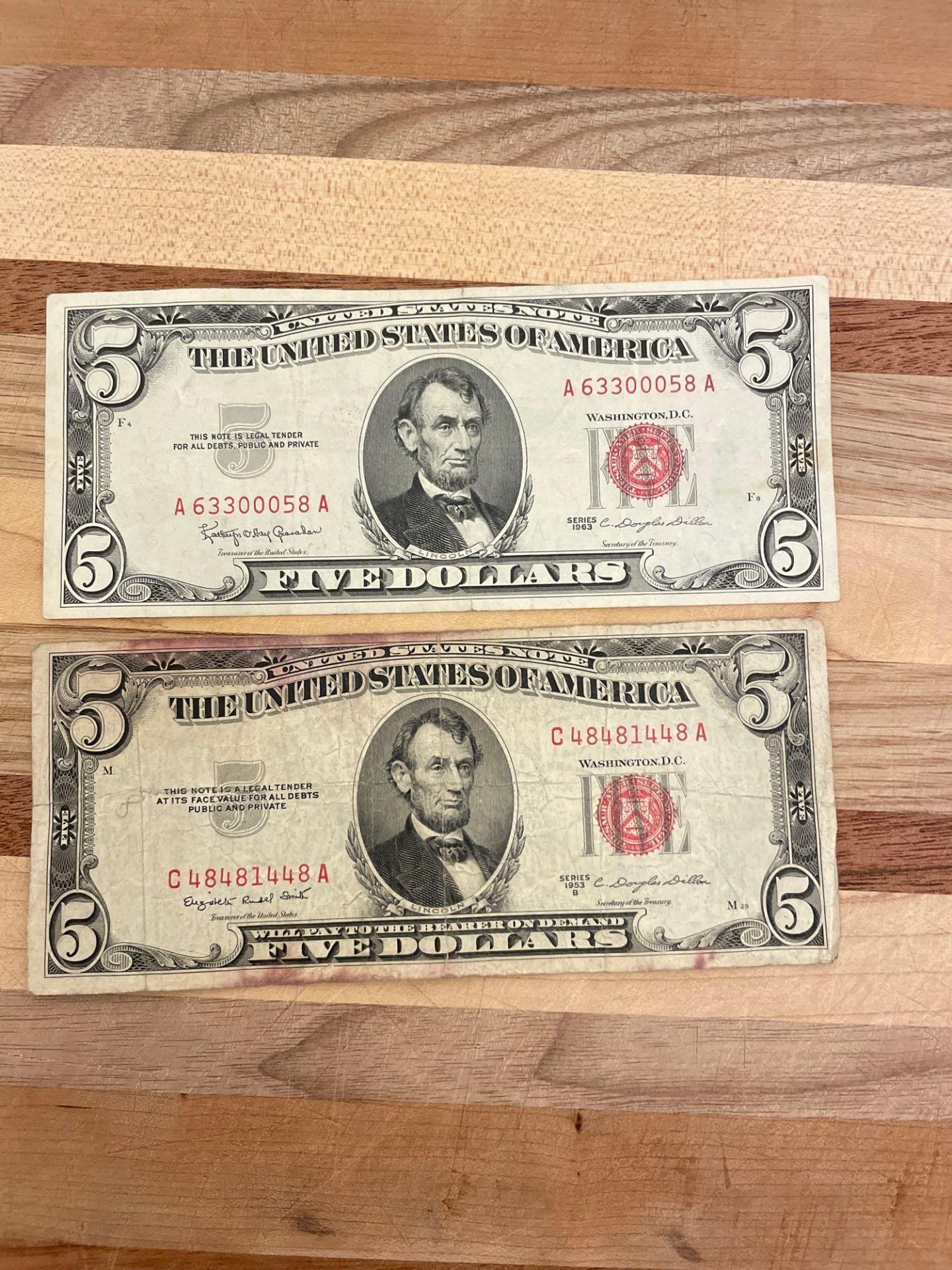 1963 $5 Fine Red Seal Note & 1953B $5 Red Seal Note