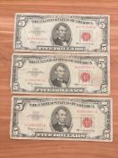 (3) 1963 $5 Red Seal Notes