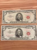 (2) 1963 $5 Red Seal Notes