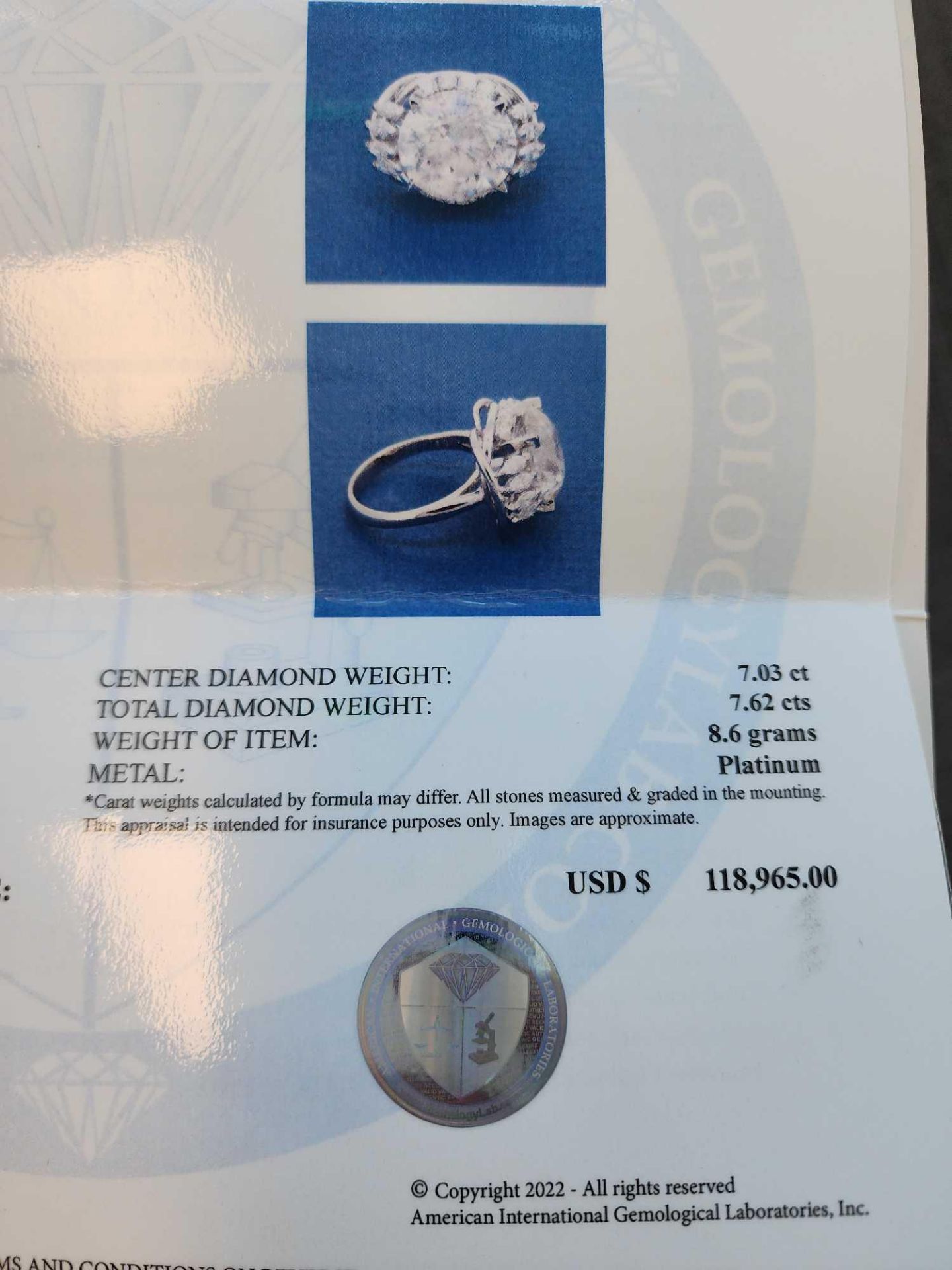 7.03 cts Platinum Diamond Ring, 16 diamonds adjacent - Image 10 of 11