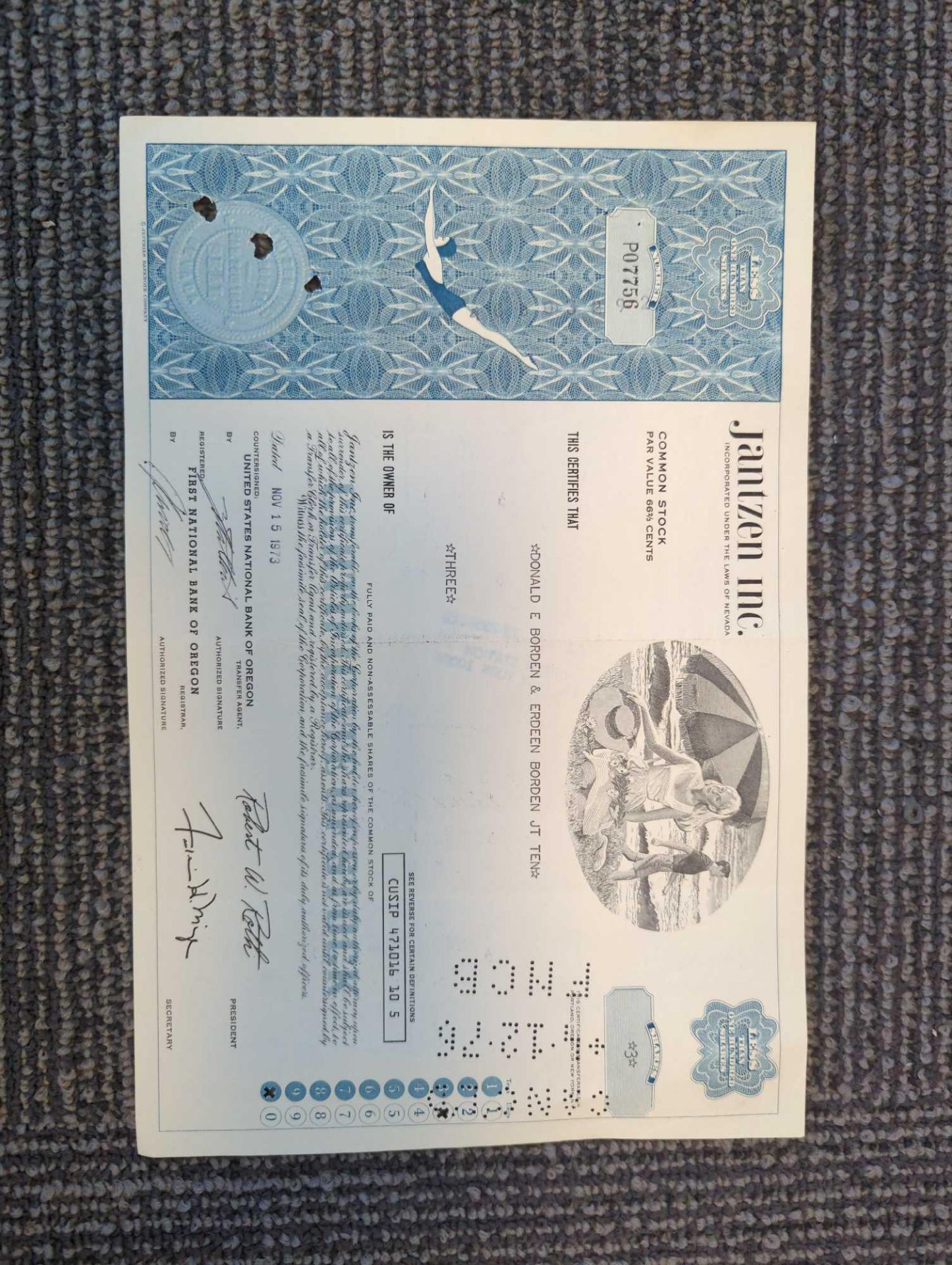 Jantzen mc. stock certificate